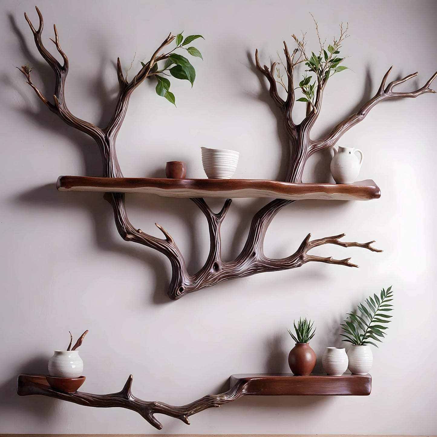 Tree shaped wooden shelf handmade from solid wood