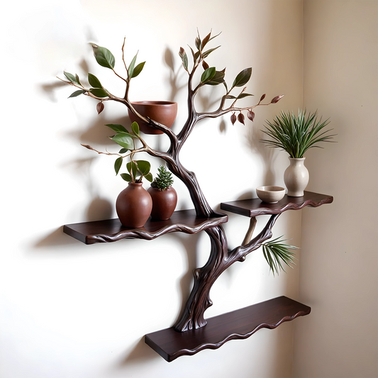Rustic Tree-Shaped Bookshelf – Solid Wood Wall-Mounted Shelf