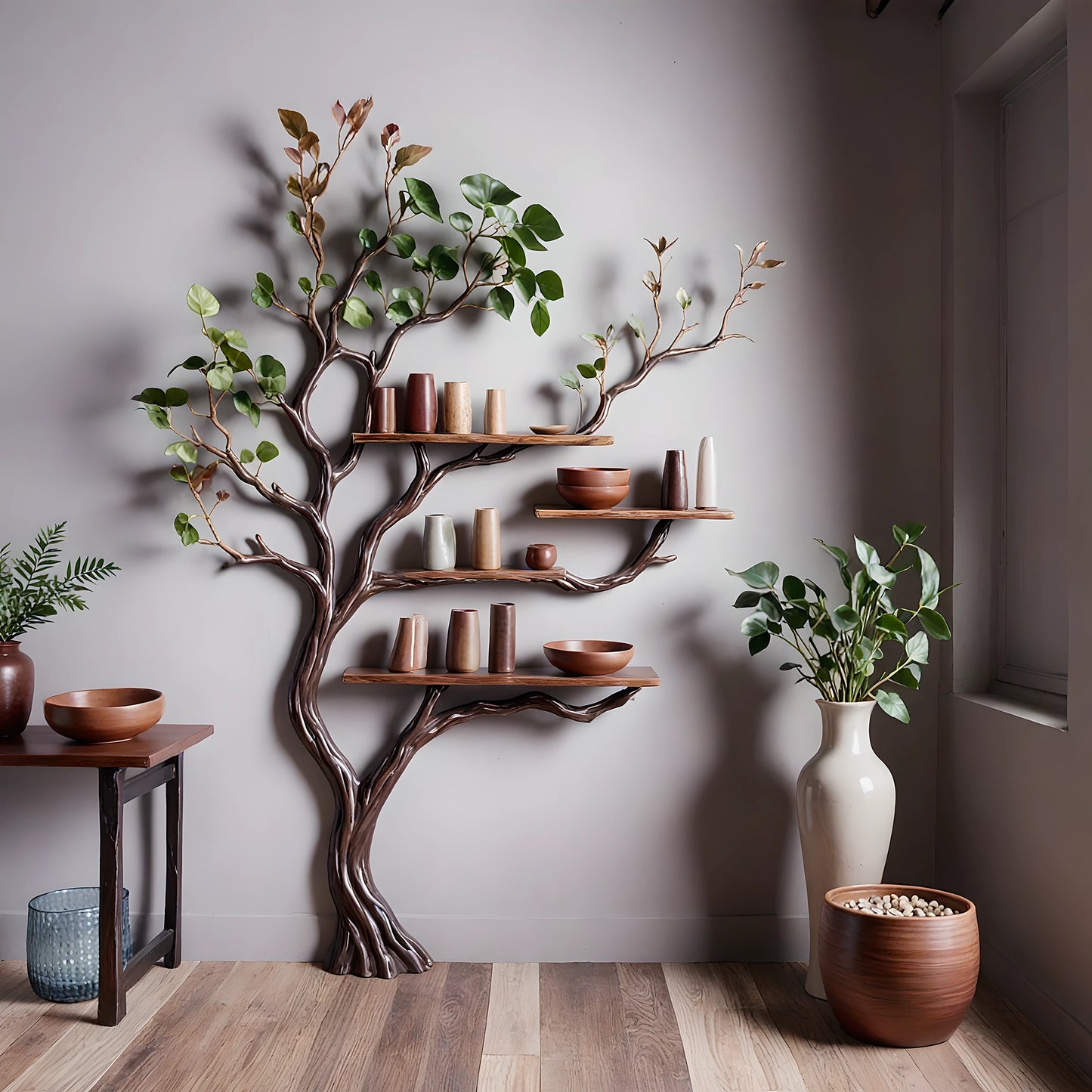 Tree bookshelf with natural driftwood branches wall hanging art solid wood bookshelf handmade gift decoration floating bookshelf