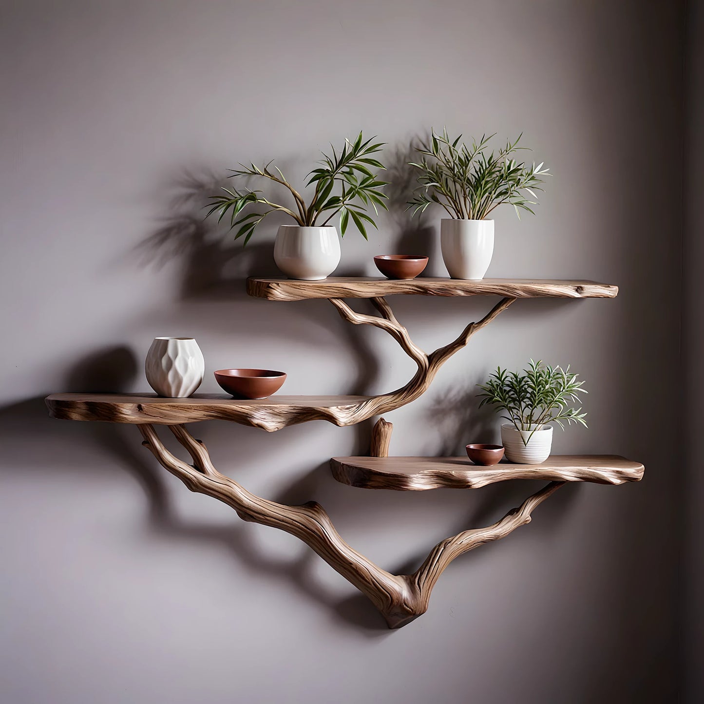 Handmade Driftwood Floating Shelf, Tree Branch Wall-Mounted Solid Wood Bookshelf, Rustic Art Decor Furniture
