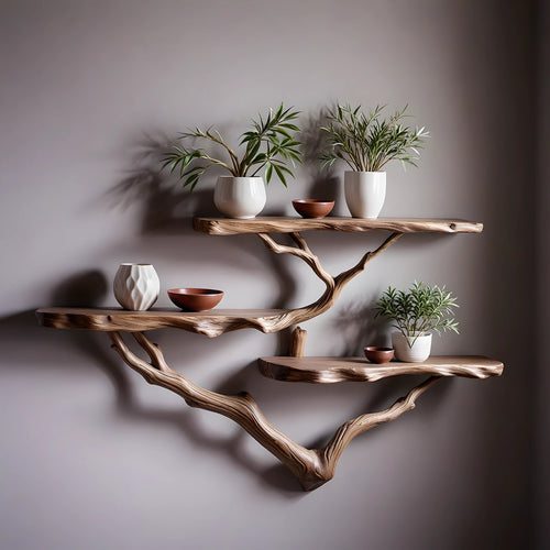 Handmade Driftwood Floating Shelf, Tree Branch Wall-Mounted Solid Wood Bookshelf, Rustic Art Decor Furniture