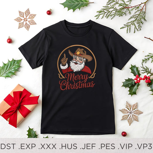 Merry Christmas Cowboy Santa Embroidery Design – Western Santa Claus Stitch File