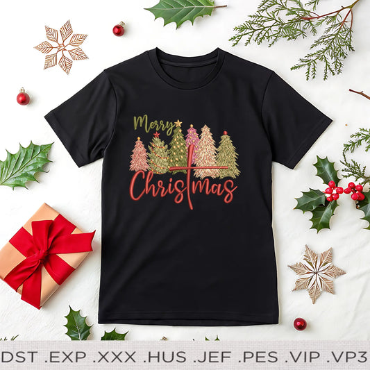Merry Christmas Embroidered T-Shirt with Festive Tree Design – Holiday Winter Gift Tee