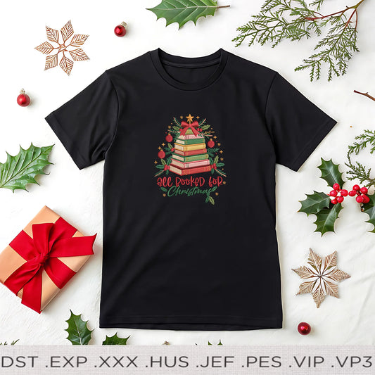 All Booked for Christmas Embroidery Design – Christmas Book Stack Machine Stitch File