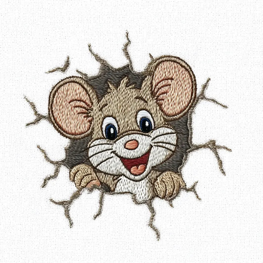 Happy Mouse Embroidery Design Breaking Wall, Animal Machine Embroidery File
