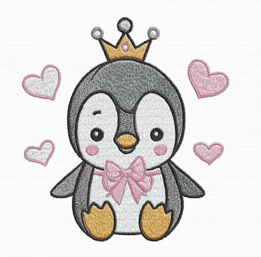 Crowned Penguin Embroidery Design with Bow and Hearts, Animal Machine Embroidery File